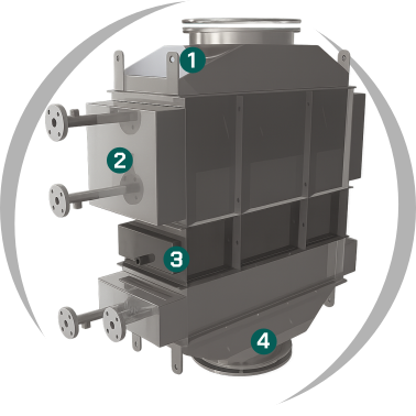 Economizador industrial de condensación en acero inoxidable con intercambiadores y conexiones bridadas para recuperar calor de los gases de combustión de una caldera.