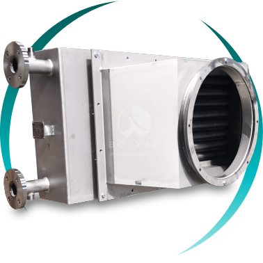 Economizador industrial para caldera de vapor. Intercambiador de calor gas-líquido de tubos y aletas helicoidales, diseñado para operar en humos de combustión con temperaturas de entrada de 250–420 °C.